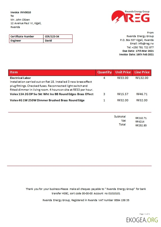Rwanda Energy Group electricity utility bill template in Word and PDF format